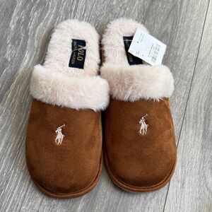 Ralph Lauren Tan Suede Slippers with Cream Lining
